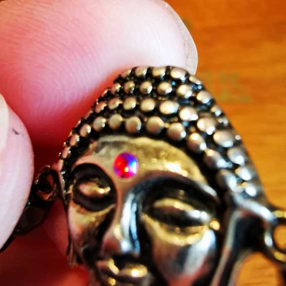 Stretch Faceted Hematite and Brushed Silver Tone Buddha Bracelet - Picture 7 of 12